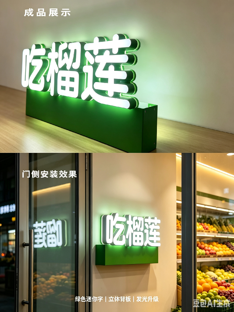 绿色侧边迷你字搭配同色系立体背板